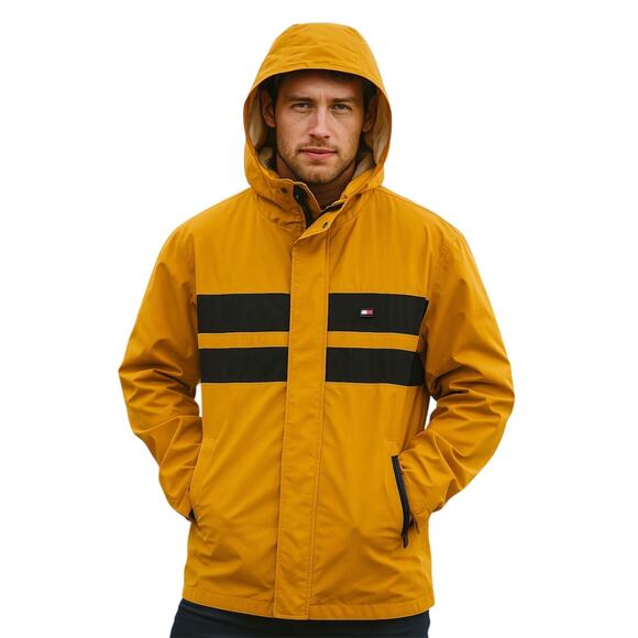 Tommy Hilfiger Classic Vintage Yellow and Black Hooded Rain Jacket, Nautical, L - Picture 1 of 10